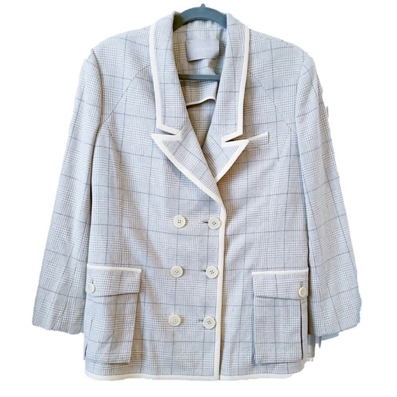 Jason Wu blue and cream Plaid Blazer w/ Cream Trim. Soft wool. 100% silk lining - Picture 1 of 6